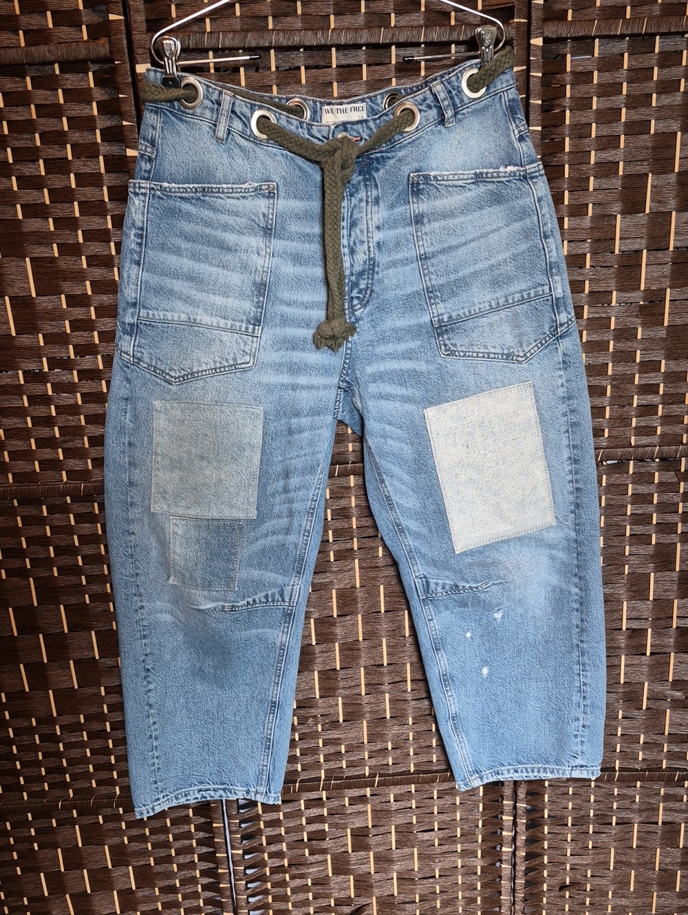 Moxie Barrel Light Blue Patchwork Wide Leg Jeans with Olive Drawcord